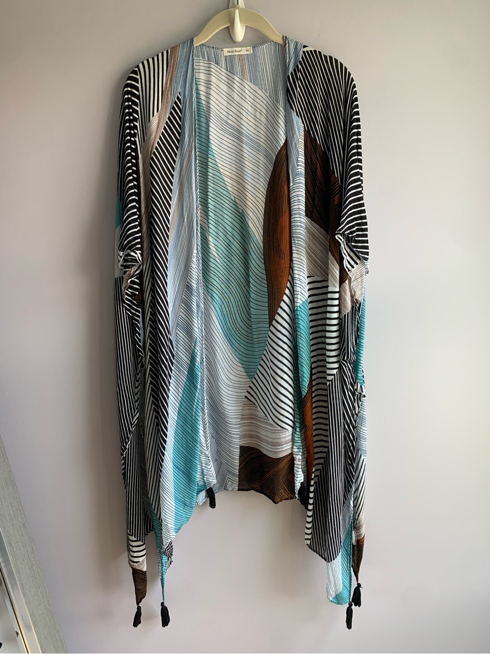 Moss Rose Swim Beach Cover Up Kimono Rust Aqua Tassels Vacation Summer EUC OS